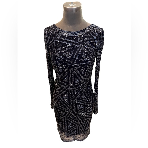 Aidan Mattox “Matrix” Beaded Cocktail Dress – Navy, Long Sleeve, Bodycon 0 - Picture 1 of 13